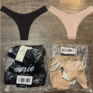 Aerie Black and Cream Ribbed Thong Duo